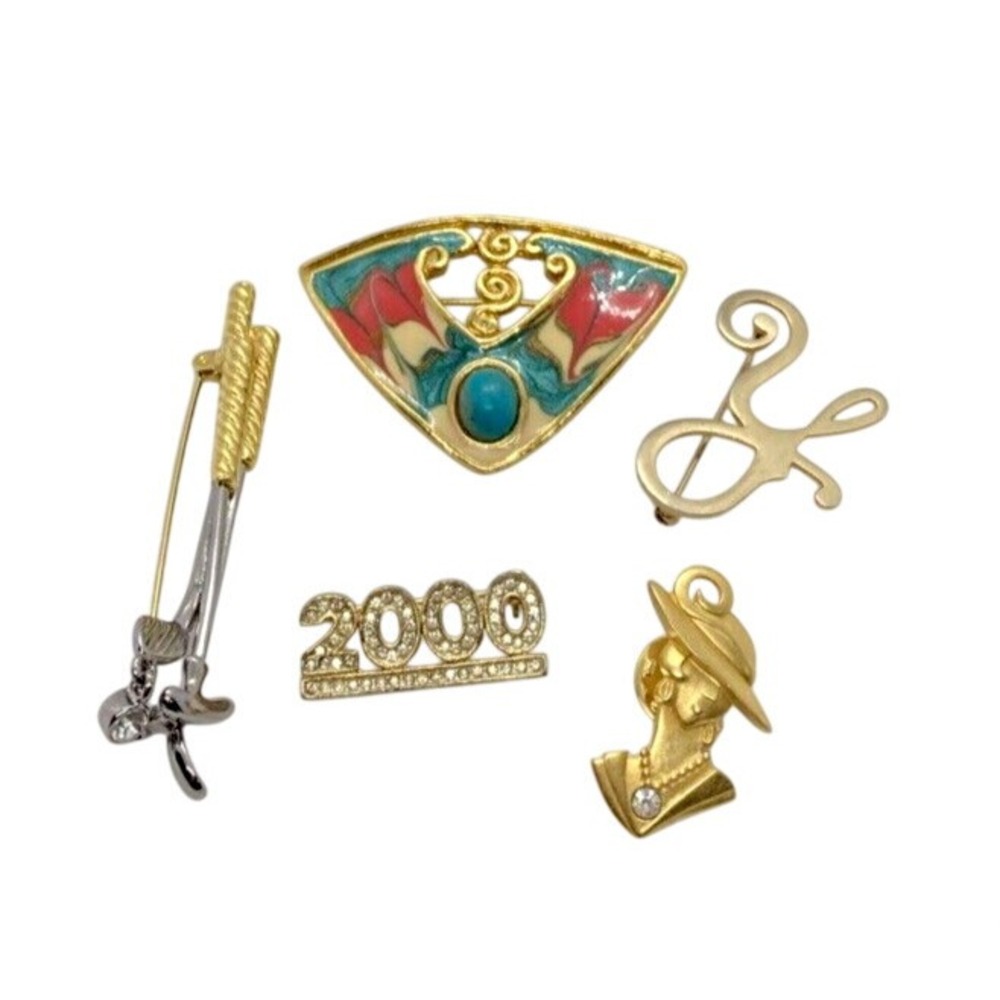 Vintage Lot of 5 Gold Tone Brooch Pin LC Golf Clubs JJ Face‎ Rhinestone 2000 Y